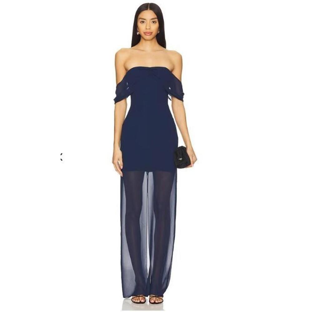 NWT Amanda Uprichard Darien Navy Blue Chiffon Off-Shoulder Maxi Dress Small